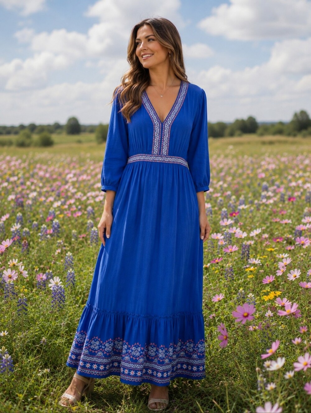 Westbound Cobalt Blue Embroidered V‑Neck Maxi Dress